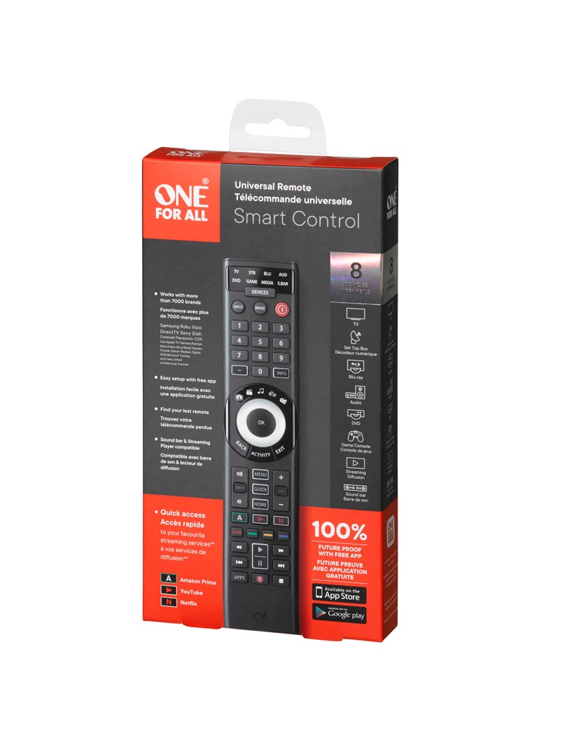 One for All URC7880 Universal Smart Remote Control up to 8 Devices with Free Setup App - Easy Learning Feature - Infrared Connectivity Technology and 3 Shortcut App Keys â€“ Black - Image 1
